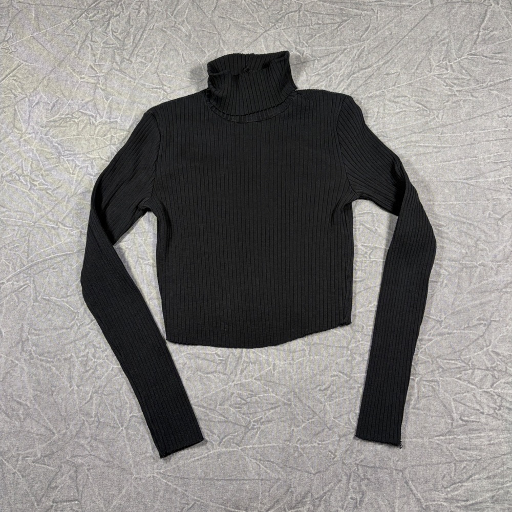 Zara Top Womens Medium Black Ribbed Turtleneck Cropped Long Sleeve Knit